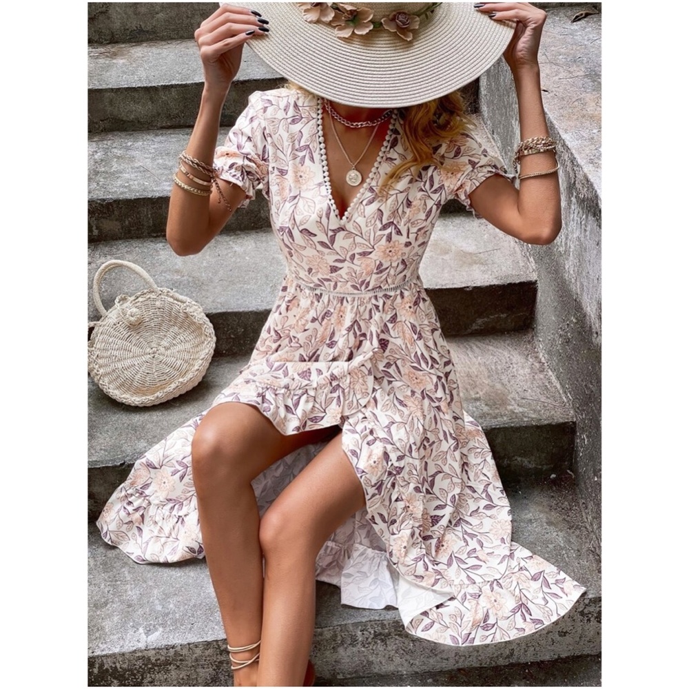 Boho V neck Ruffle Puff Sleeve Floral Midi Dress - Picture 1 of 6